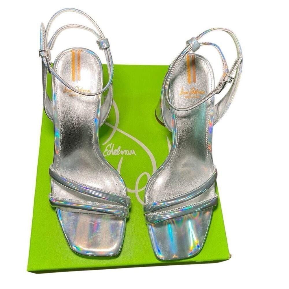 NIB Sam Edelman Women's Silver Kia Metallic Ankle Strap Block Heel Sandals 8 - Picture 7 of 9